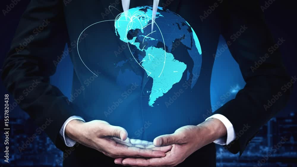 Poster global network connection visualization showing data exchange, digital link, worldwide communication