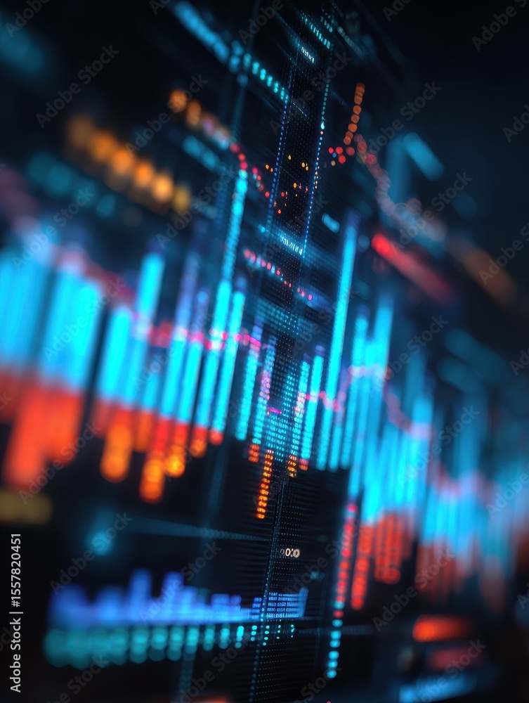 Poster abstract financial data visualization with fluctuating graphs and charts displayed on a digital scre