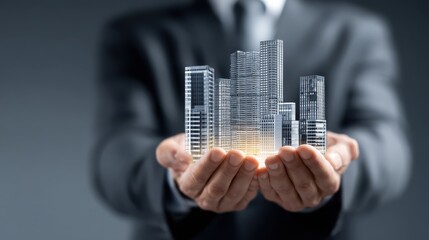 Businessman holding building of real estate icons. Construction. Investment and business development and Engineering