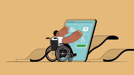 person in a wheelchair using an accessible smartphone application, vector illustration of accessibility, universal design principles and inclusive technology