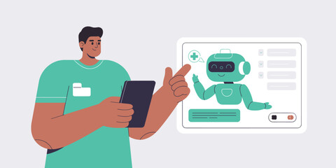 doctor using a tablet to consult with a medical chatbot, vector illustration for ai in healthcare triage, telemedicine consultation and digital health assistance