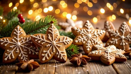 Festive star shaped gingerbread cookies decorated with white icing snowflakes on a wood surface surrounded by green pine branches and string lights - Powered by Adobe