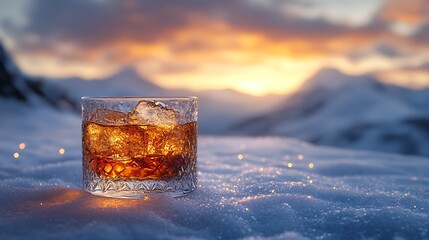 Whiskey on snow at sunset