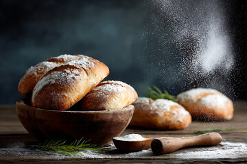 Rustic bread loaves dusted with flour in a wooden bowl with a spoon on a wooden table surface