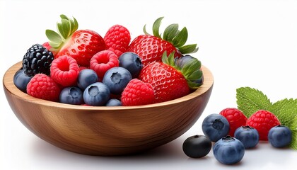 Obraz premium fresh mixed berries in wooden bowl with glossy finish perfect for culinary and health focused visuals featuring strawberries blueberries and raspberries white background