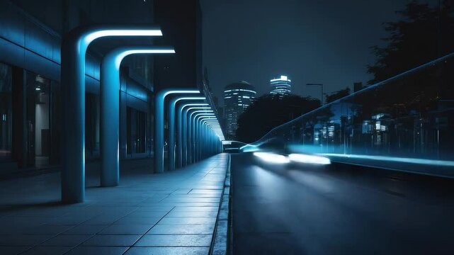 Night City Street with Glowing Lights and Blurred Car Motion Under Arches
