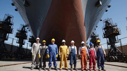 Shipbuilding team showcases effort at dry dock in sunny location with giant vessel looming in background