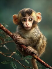 Fototapeta premium Cute small monkey sitting on branch, looking at camera.