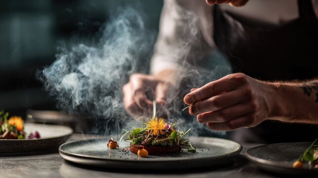 close-up photo of chef plating food with care, steam and vibrant color, culinary storytelling,