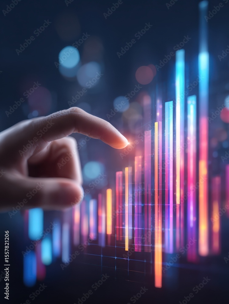 Poster a hand interacts with digital data represented by vibrant bar charts and graphs, symbolizing analysi