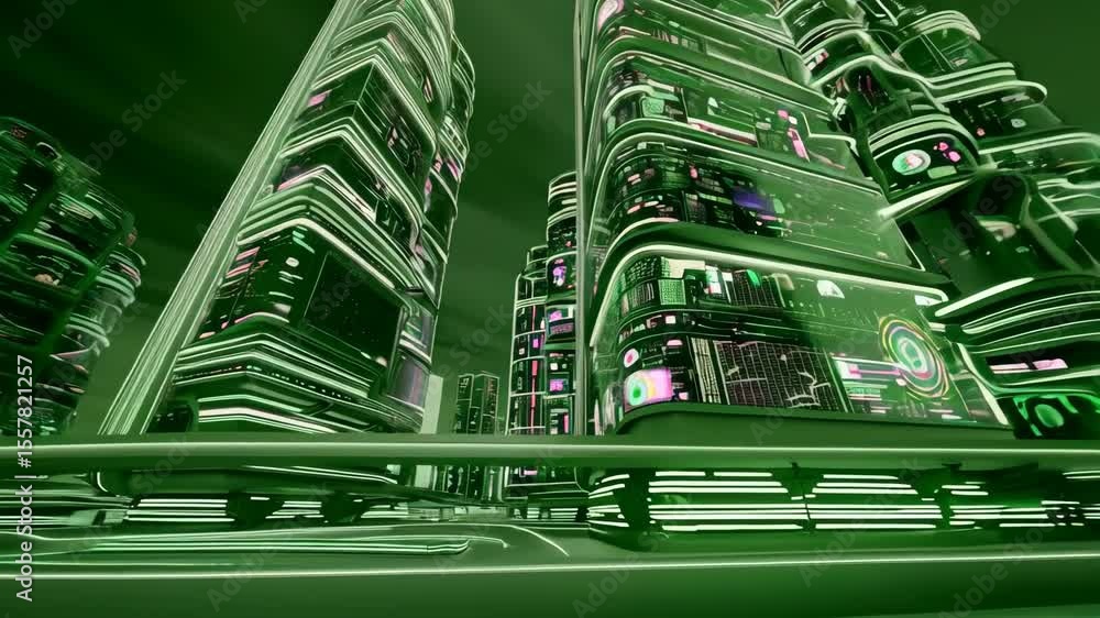 Poster interior view of a futuristic neon-lit cyber tower with vertical columns and tech interfaces - digit