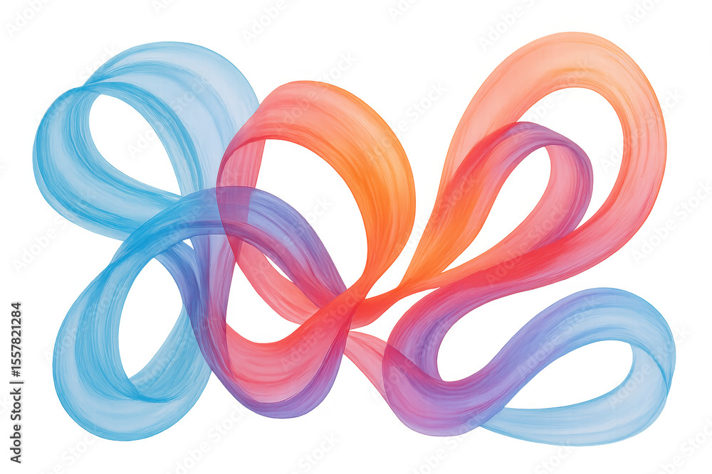 Poster colorful ribbons swirling in dynamic curves, generating abstract geometric pattern with transparent 