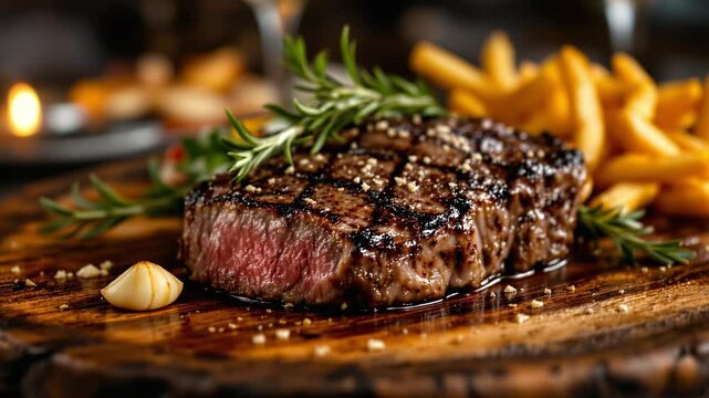 Juicy grilled steak garnished with rosemary and served with crispy fries perfect for a gourmet meal vibrant colors captivating scenes rich detail cinematic quality
