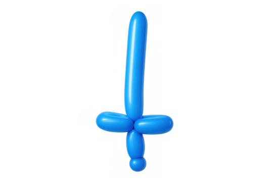 Blue balloon sword inflating on transparent surface, symbolizing festive party spirit with whimsical floating design