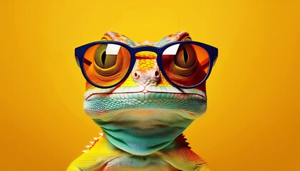 gecko wearing sunglasses on a yellow color background art digital art faceted minimal abstract panorama background generative ai