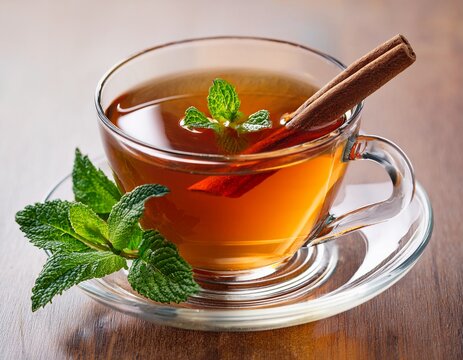 a cup of tea with a sprig of mint and a cinnamon stick in it - Powered by Adobe