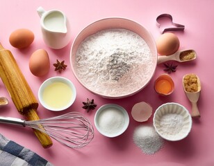 baking ingredients and tools on a pink background