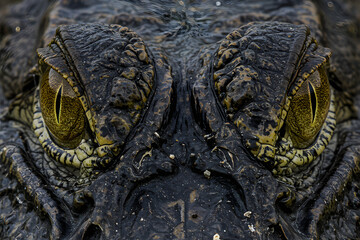 The hypnotizing eyes of a crocodile emerging from the dark depths.