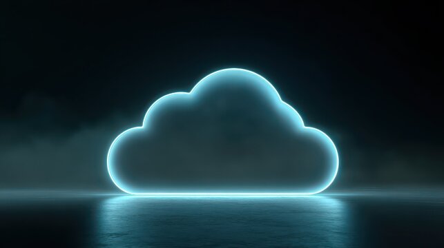 3d rendering concept cloud computing illustration. Light blue neon cloud icon on dark background