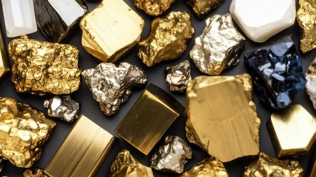 Shiny nuggets of precious metals, including gold, silver, and platinum, scattered on dark background; close-up shot featuring metallic textures.