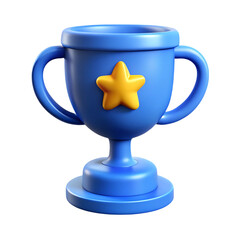 Blue trophy with a yellow star representing achievement and recognition on black background.
