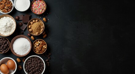 Flat lay with baking staples—flour, eggs, milk—on dark canvas. Copy space