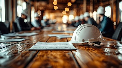 White safety helmet sits on a conference table amongst documents.