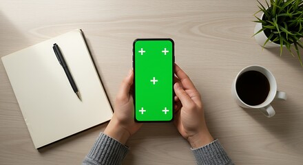 Overhead view of hands holding a smartphone with a green screen, next to a notebook, pen, coffee, and plant.