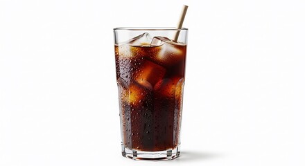 Refreshing iced coffee in a tall glass with condensation and a straw