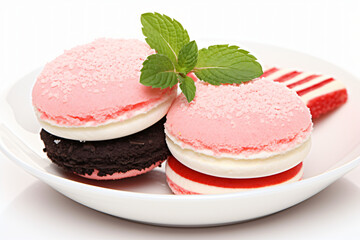 Ice cream macaron sandwich with mint and syrup drizzle.