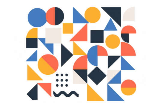 Vibrant geometric pattern showcasing bold colors, intersecting shapes creating dynamic visual composition against transparent backdrop - Powered by Adobe