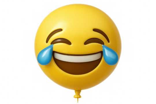 3d rendering of a laughing emoji balloon with tears of joy, isolated on transparent background