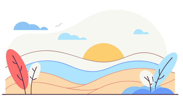 Soft background with sunrise, clouds, and abstract rolling hills in pastel tones. Ideal for eco-friendly visuals, travel blogs, meditation apps, and storytelling media.