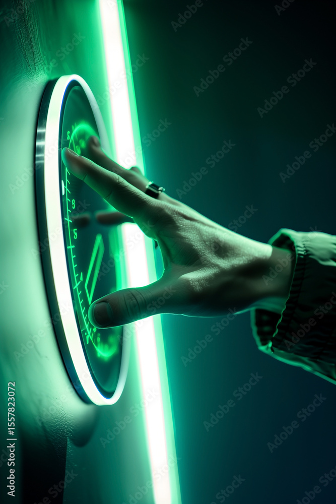 Aufkleber a close-up of a hand touching a glowing circular display on a dark surface, illuminated by a bright 