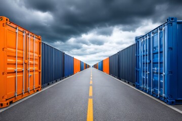 Cargo containers forming walls along empty road under cloudy sky