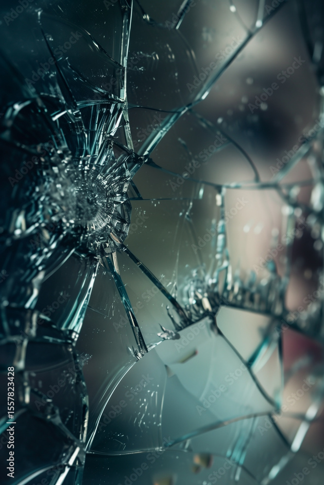Poster a pane of glass is shattered, creating a spiderweb of cracks radiating from a central point. the ima