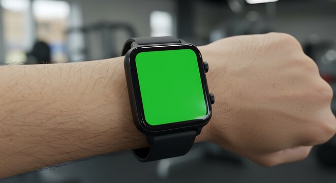 A person's wrist displays a smartwatch with a vibrant green screen, set against a blurred gym background.