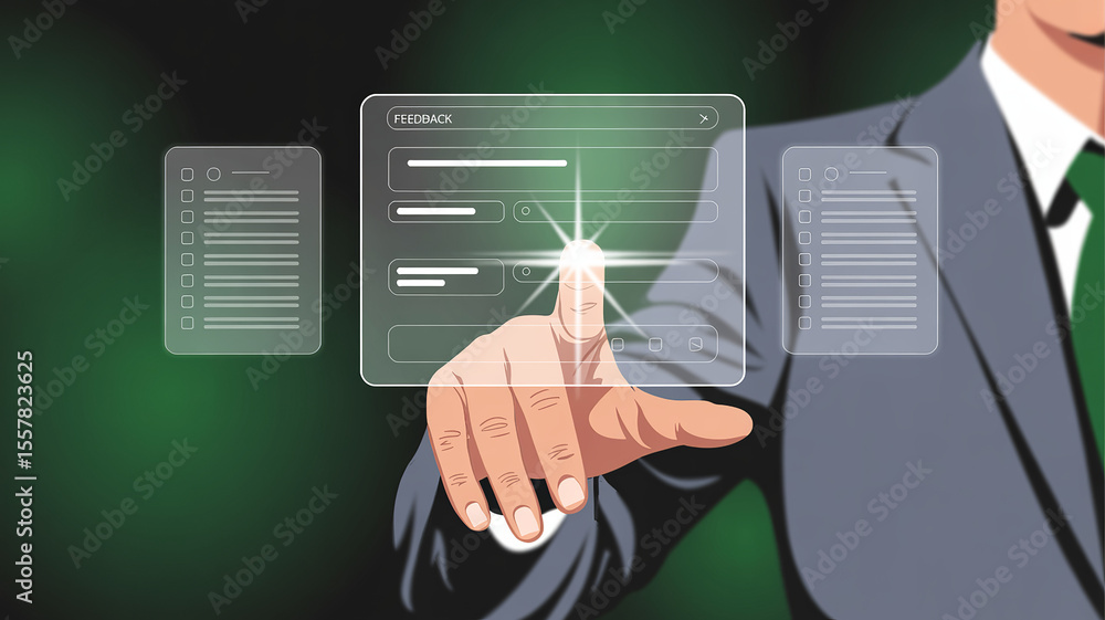 Poster digital interface touch: a business professional interacts with a digital interface, represented by 