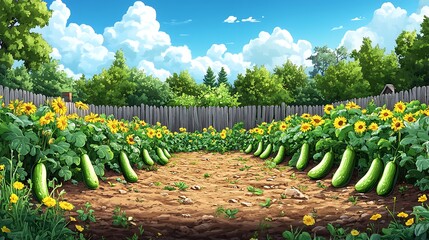 Zucchini garden scene illustration
