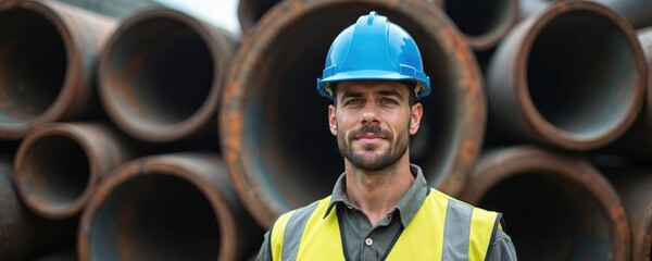 Confident worker stands against background of large rusty metal pipes. Wearing protective hard hat, safety vest, representing infrastructure, construction. Industrial, engineering, plumbing,