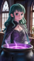 Ethereal Anime Witch in Mystic Cottage Brewing Potions