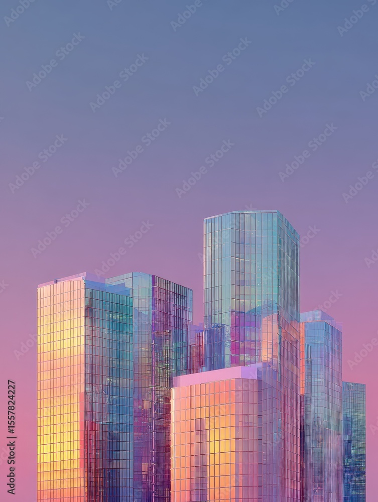 Poster abstract architectural design featuring colorful glass structures towering against a gradient sky