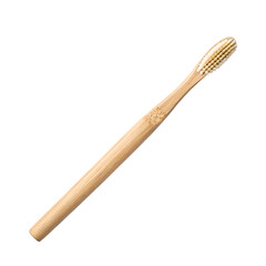Naklejka premium A bamboo toothbrush with a natural wooden handle and soft bristles. The toothbrush is placed on a black background, emphasizing its eco-friendly design.