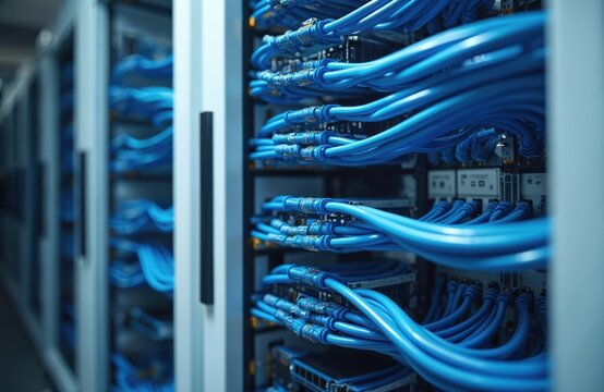 Close-up of organized blue ethernet cables, connectors in data center. Modern network setup with advanced tech for data communication. Technology infrastructure, server room environment.