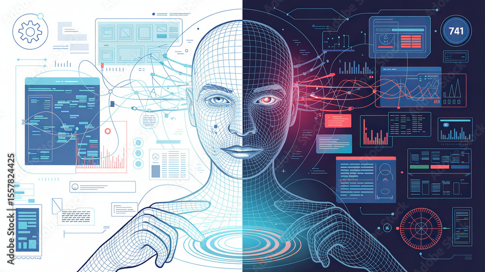 Poster digital consciousness: a visual metaphor of human mind integration with advanced technology. two sid