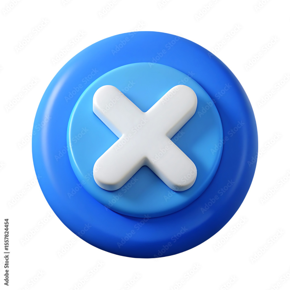 Poster 3d render of a blue button with a white cross symbol for cancel or close