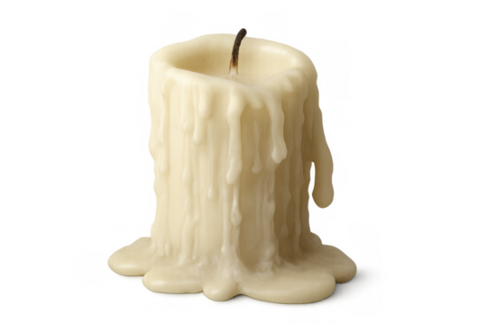 Melted white candle with extinguished wick isolated on transparent background, creating a serene and nostalgic atmosphere