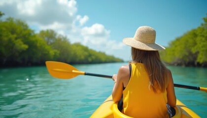 Fototapeta premium Woman kayaking through rich mangroves under bright blue sky. Kayaking adventure in turquoise waters. Outdoor activity, travel journey, vacation. Nature exploration, leisure, freedom, healthy