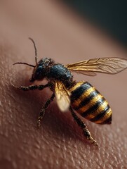 Fototapeta premium Closeup of bee stings on human skin showing detailed view and potential pain associated with being snuck in style of insect in nature.