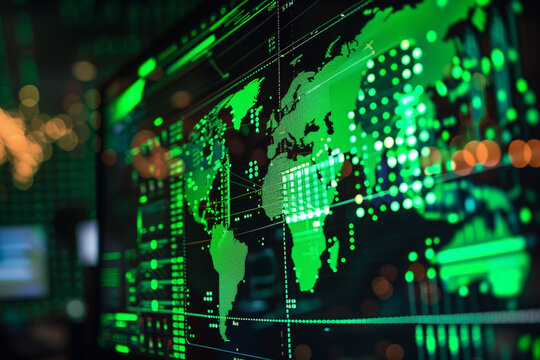 This image portrays a digital world map glowing green on a computer monitor, symbolizing network connections, global data streams, and cybersecurity concepts. The bokeh adds an ethereal effect.